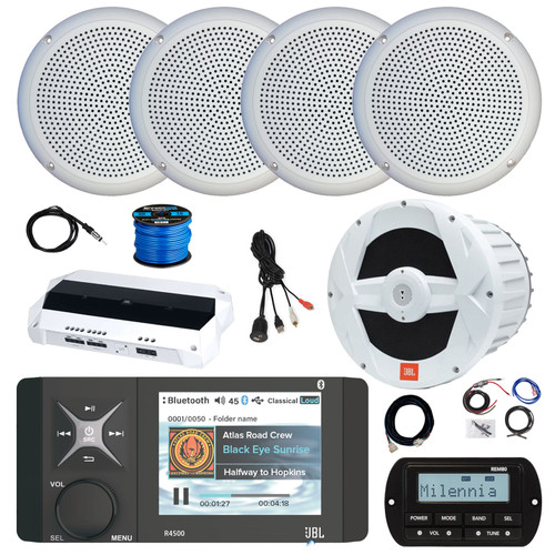 JBL R4500 Marine USB Bluetooth AM/FM/WeatherBand Receiver w/Wired Remote, Extension, Amplifier, 10" Subwoofer, Antenna, Wire, USB Adapter, 4x 5.25" 20W Polycone Audio Speakers (White, Bulk Packaging)
