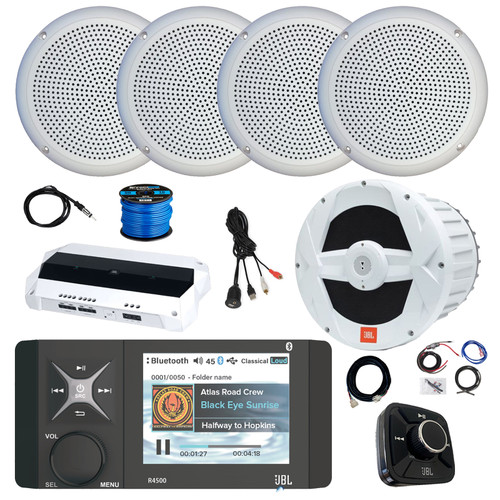 JBL R4500 Marine USB Bluetooth AM/FM/WeatherBand Receiver w/Wired Remote, Extension, Amplifier, 10" Subwoofer, Antenna, Wire, USB Adapter, 4x 5.25" 20W Polycone Audio Speakers (White, Bulk Packaging)