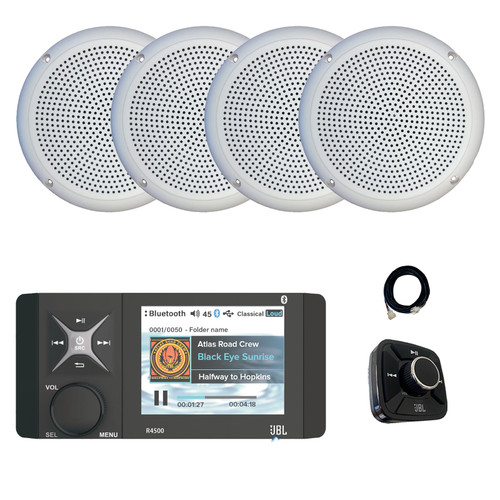 JBL Wake Series R4500 Marine USB Bluetooth AM/FM/WeatherBand Radio Receiver with Wired Remote, Extension Cable, 4x 5.25" 20 Watt Max Power Polycone Audio Speakers (White, Bulk Packaging)