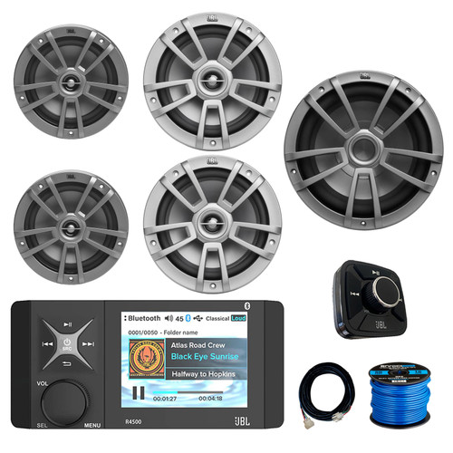 4" Color LCD Display Marine USB/AUX Bluetooth AM/FM/WB Stereo Receiver, Remote W/ Cable, 2x 6.5" 180W Max 2-Way Gray Speakers, 2x 8" 375W Max Speakers W/ Wire, 10" 600W Subwoofer