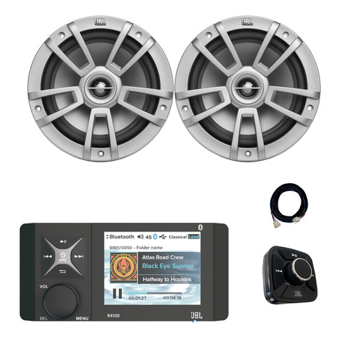 JBL Wake Series R4500 4" Color Display Marine USB Bluetooth AM/FM/WeatherBand Radio Receiver with Wired Remote, Extension Cable, 2x 8" 375 Watt Max 2-Way High-Performance Boat Audio Speakers (Gray)