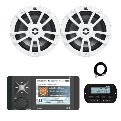 JBL Wake Series R4500 4" Color Display Marine USB Bluetooth AM/FM/WeatherBand Radio Receiver with Wired Remote, Extension Cable, 2x 8" 375 Watt Max 2-Way High-Performance Boat Audio Speakers (White)
