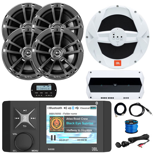4" Color LCD Display Marine USB/AUX Bluetooth AM/FM/WB Stereo Receiver W/ Remote + Cable, 4x 6.5" 225W Max 2-Way Boat Speakers W/ Wire, 10" Subwoofer, 4-Channel Amplifier, Antenna, USB/AUX Adapter