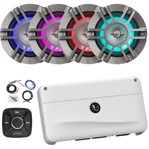 Infinity INF-BC4 Flush Mount Pre-Amp Waterproof Bluetooth Controller, 4x 6.5" 300 Watts Peak Power 2-Way Coaxial Titanium Marine RGB LED Speakers, 4-Channel Class H Boat Audio Amplifier W/Kit