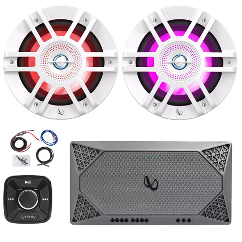 Infinity INF-BC4 Flush Mount Pre-Amp Waterproof Bluetooth Controller, 2x 6.5" 300 Watts Peak Power 2-Way Coaxial White Marine RGB LED Speakers, 4-Channel Compact Boat Audio Amplifier W/Kit