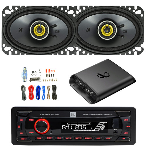 JBL Celebrity100 Single-DIN Bluetooth FM Radio USB/AUX SD/MP3 Cars High Power Mechless Stereo Receiver, 2x 4x6" 150W Max Power Coaxial 2-Way Automotive Speakers, 2-Channel Class AB Amplifier W/Kit