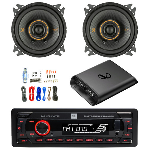 JBL Celebrity100 Single-DIN Bluetooth FM Radio USB/AUX SD/MP3 Cars High Power Mechless Stereo Receiver, 2x 4" 150W Peak Power Coaxial 2-Way Automotive Speakers, 2-Channel Class AB Amplifier W/Kit