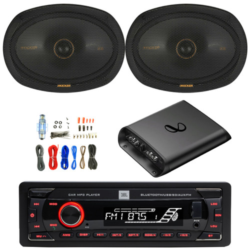 JBL Celebrity100 Single-DIN Bluetooth FM Radio USB/AUX SD/MP3 Cars High Power Mechless Stereo Receiver, 2x 6x9" 300W Peak Power Coaxial 2-Way Automotive Speakers, 2-Channel Class AB Amplifier W/Kit
