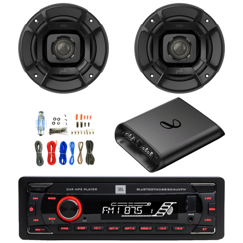JBL Celebrity100 Single-DIN Bluetooth FM Radio USB/AUX SD/MP3 Cars High Power Mechless Stereo Receiver, 2x 6.5" 300W Max Power 2-Way Marine/Car Coaxial Speakers, 2-Channel Class AB Amplifier W/Kit
