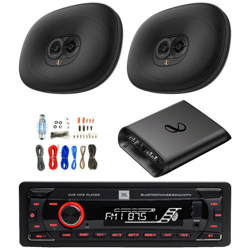 JBL Celebrity100 Single-DIN Bluetooth FM Radio USB/AUX SD/MP3 Cars High Power Mechless Stereo Receiver, 2x 6x9" 180W Max Power 3-Way Automotive Speakers, 2-Channel Class AB Amplifier W/Kit