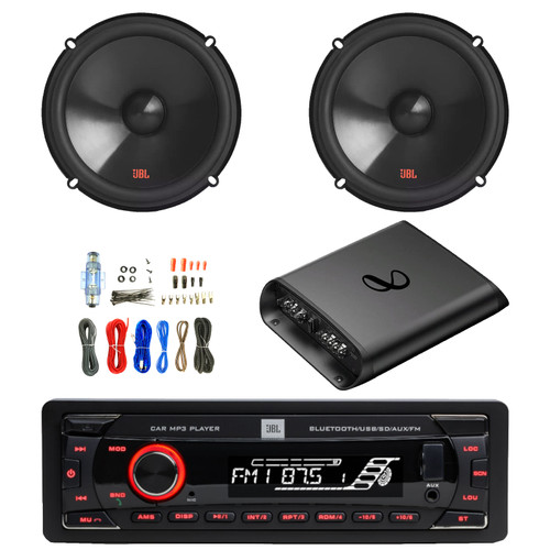 JBL Celebrity100 Single-DIN Bluetooth FM Radio USB/AUX SD/MP3 Cars High Power Mechless Stereo Receiver, 2x 6.5" 250W Max Power 2-Way Component Car Audio Speakers, 2-Channel Class AB Amplifier W/Kit