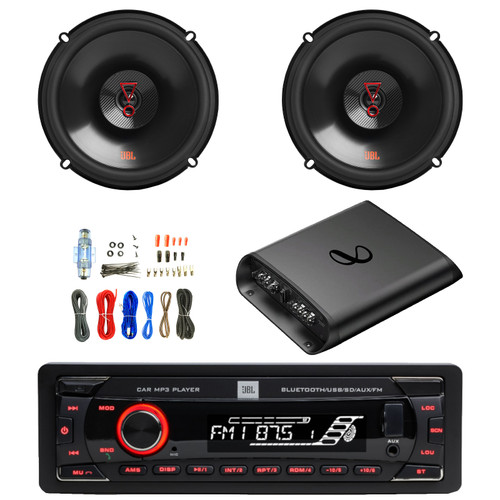 JBL Celebrity100 Single-DIN Bluetooth FM Radio USB/AUX SD/MP3 Cars High Power Mechless Stereo Receiver, 2x 6.5" 225W Max Power 2-Way Coaxial Automotive Speakers, 2-Channel Class AB Amplifier W/Kit