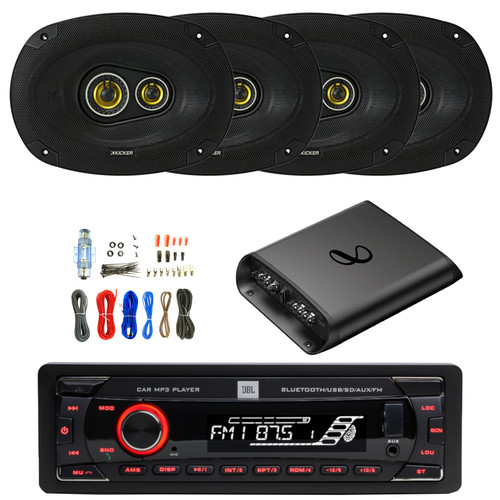 JBL Celebrity100 Single-DIN Bluetooth FM Radio USB/AUX SD/MP3 Cars High Power Mechless Stereo Receiver, 4x 6x9" 450W Max Power Coaxial 3-Way Automotive Speakers, 2-Channel Class AB Amplifier W/Kit