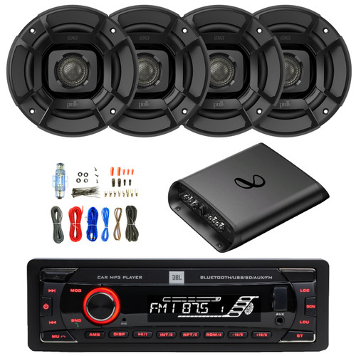 JBL Celebrity100 Single-DIN Bluetooth FM Radio USB/AUX SD/MP3 Cars High Power Mechless Stereo Receiver, 4x 6.5" 300W Max Power 2-Way Marine/Car Coaxial Speakers, 2-Channel Class AB Amplifier W/Kit