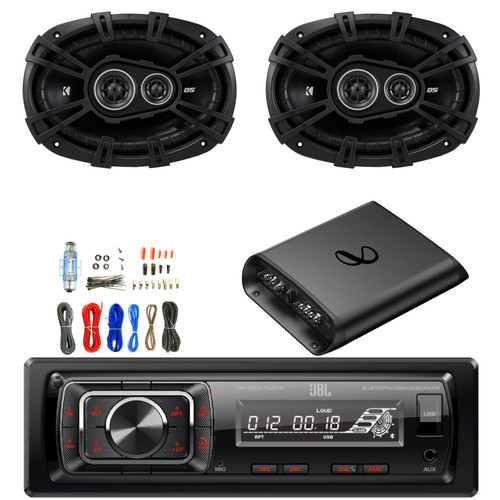 JBL Celebrity150 Single-DIN Bluetooth FM Radio USB/AUX SD Card High Power Mechless With F/R And Sub Output Car Media Receiver, 2x 6x9" 360W Max Power Automotive Speakers, 2-Channel Amplifier W/Kit