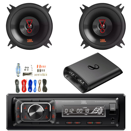 JBL Celebrity150 Single-DIN Bluetooth FM Radio USB/AUX SD Card High Power Mechless With F/R And Sub Output Car Media Receiver, 2x 4" 150W Max Power Car Audio Speakers, 2-Channel Amplifier W/Kit