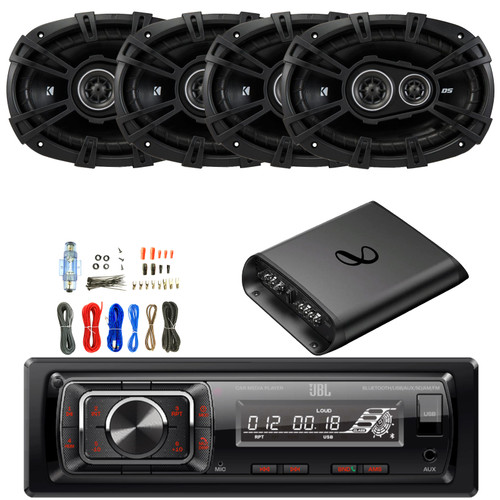 JBL Celebrity150 Single-DIN Bluetooth FM Radio USB/AUX SD Card High Power Mechless With F/R And Sub Output Car Media Receiver, 4x 6x9" 360W Max Power Automotive Speakers, 2-Channel Amplifier W/Kit