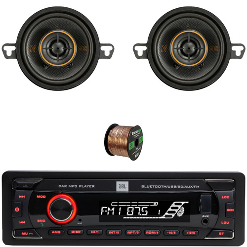JBL Celebrity100 Single-DIN Bluetooth FM Radio USB/AUX SD/MP3 High Power Stereo Receiver, 2x 3.5" 100 Watt Peak Power 2-Way Thin-Mount Car Audio Speakers W/50 Feet 16 Gauge Wire