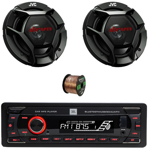 JBL Celebrity100 Single DIN Bluetooth USB/AUX SD/MP3 Player FM Radio High Power Meshless Stereo Receiver, 2x 6.5" 300 Watt Max Power 2-Way Coaxial Car Audio Speakers, 50 Feet 16 Gauge Speaker Wire