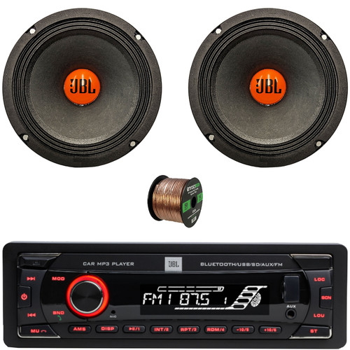 JBL Celebrity100 Single-DIN Bluetooth FM Radio USB/AUX SD/MP3 High Power Stereo Receiver, 2x 6.5" 300 Watt Peak Power Midrange Woofer Car Audio Speakers W/50 Feet 16 Gauge Wire