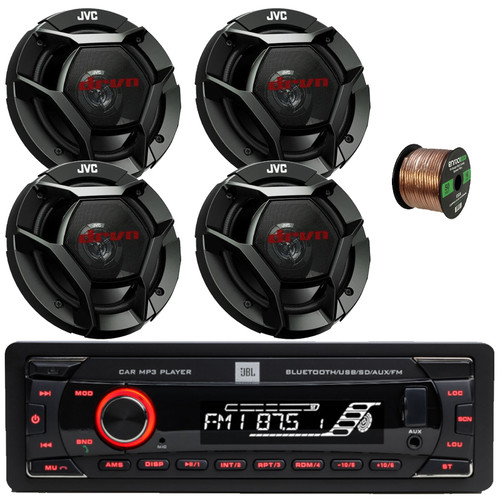 JBL Celebrity100 Single DIN Bluetooth USB/AUX SD/MP3 FM Radio High Power Meshless Stereo Car Audio Receiver, 4x 6.5" 300 Watt Max Power 2-Way Coaxial Automotive Speakers, 50 Feet 16 Gauge Speaker Wire