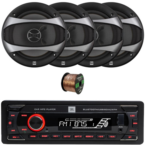 JBL Celebrity100 Single DIN Bluetooth USB/AUX SD/MP3 Player FM Radio High Power Meshless Stereo Car Audio Receiver, 4x 6.5" 100 Watt Max Power 2-Way Automotive Speakers, 50 Feet 16 Gauge Speaker Wire