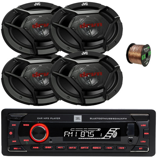 JBL Celebrity100 Single DIN Bluetooth USB/AUX SD/MP3 Player FM Radio High Power Meshless Stereo Car Audio Receiver, 4x 6x9" 500W Max 3-Way Coaxial Automotive Speakers, 50 Feet 16 Gauge Speaker Wire