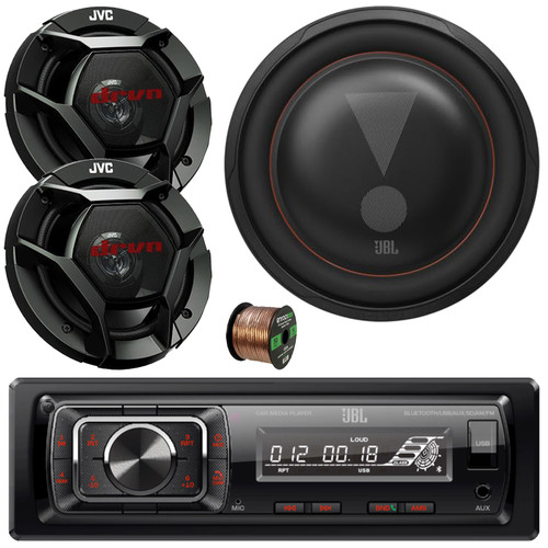 JBL Celebrity150 Single DIN Bluetooth USB/AUX SD Card FM Radio High Power Mechless Media Car Audio Receiver, 2x 6.5" 150W Max Multi-Element Speakers, 12" 1200W Max Shallow Mount Subwoofer, Wire