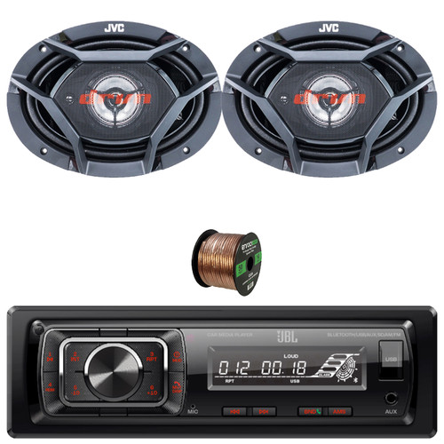 JBL Celebrity150 Single-DIN Bluetooth FM Radio USB/AUX SD Card High Power With F/R And Sub Output Media Receiver, 2x 6x9" 500W Max Power 3-Way Coaxial Automotive Speakers W/50 Feet 16 Gauge Wire