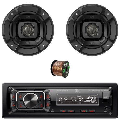 JBL Celebrity150 Single-DIN Bluetooth FM Radio USB/AUX SD Card High Power With F/R And Sub Output Media Receiver, 2x 6.5" 300W Max Power 2-Way Coaxial Car/Marine Speakers W/50 Feet 16 Gauge Wire