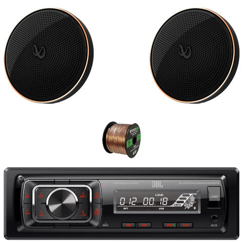 JBL Celebrity150 Single-DIN Bluetooth FM Radio USB/AUX SD Card High Power With F/R And Sub Output Media Receiver, 2x 2" 195W Max Power Dome Midrange Component Automotive Speakers W/50FT. 16 Gauge Wire