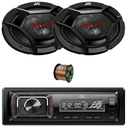 JBL Celebrity150 Single DIN Bluetooth USB/AUX SD Card FM Radio High Power Mechless Car Audio Media Receiver, 2x 6x9" 500 Watt Max Power 3-Way Coaxial Automotive Speakers, 50 Feet 16 Gauge Speaker Wire