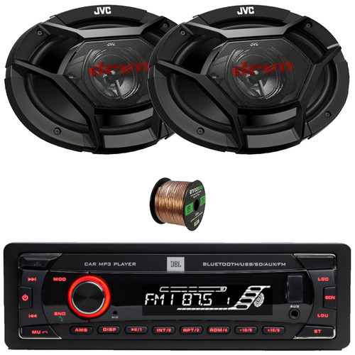 JBL Celebrity100 Single DIN Bluetooth USB/AUX SD/MP3 FM Radio High Power Meshless Stereo Car Audio Receiver, 2x 6x9" 500 Watt Max Power 3-Way Coaxial Automotive Speakers, 50 Feet 16 Gauge Speaker Wire