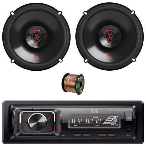 JBL Celebrity150 Single-DIN Bluetooth FM Radio USB/AUX SD Card High Power With F/R And Sub Output Media Receiver, 2x 6.5" 225W Max Power 2-Way Coaxial Car Audio Speakers W/50 Feet 16 Gauge Wire
