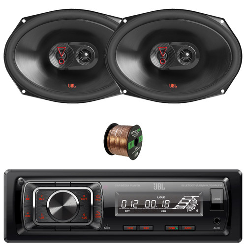 JBL Celebrity150 Single-DIN Bluetooth FM Radio USB/AUX SD Card High Power With F/R And Sub Output Media Receiver, 2x 6x9" 375W Max Power 3-Way Automotive Speakers W/50 Feet 16 Gauge Wire