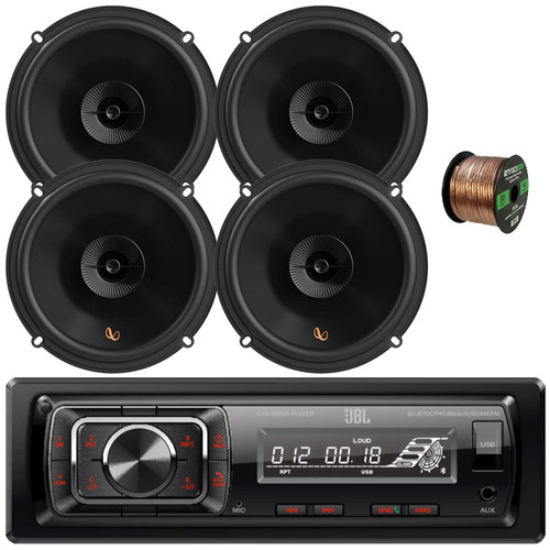 JBL Celebrity150 Single DIN Bluetooth USB/AUX SD Card FM Radio High Power Mechless Media Car Audio Receiver, 4x 6.5" 150W Max 2-Way Multi-Element Automotive Speakers, 50 Feet 16 Gauge Speaker Wire