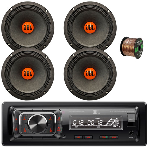 JBL Celebrity150 Single DIN Bluetooth USB/AUX SD Card FM Radio High Power Mechless Car Audio Media Receiver, 4x 6.5" 300W Max Power Midrange Woofer Automotive Speakers, 50 Feet 16 Gauge Speaker Wire