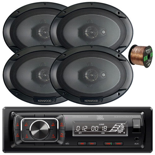 JBL Celebrity150 Single-DIN Bluetooth FM Radio USB/AUX SD Card High Power With F/R And Sub Output Media Receiver, 4x 6x9" 400W Max Power Flush Mount 3-Way Automotive Speakers W/50 Feet 16 Gauge Wire