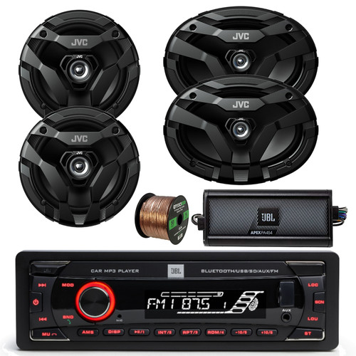 JBL Celebrity150 Single DIN USB/AUX Mechless Bluetooth AM/FM Radio Receiver, 4-Channel Amplifier, 2x 6x9" 400 Watt Max Power 2-Way Audio Speakers, 2x 6.5" 300 Watt Peak 2-Way Car Audio Speakers w/Wire