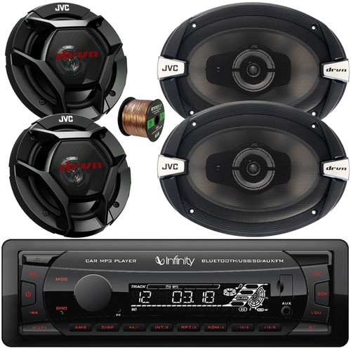 Infinity Alpha 100 Single DIN Bluetooth USB/AUX MP3 Player SD FM Radio Digital Media Car Audio Receiver, 2x 6.5" 300W Max 2-Way Automotive Speakers, 2x 6x9" 500W Max 3-Way Speakers, Speaker Wire