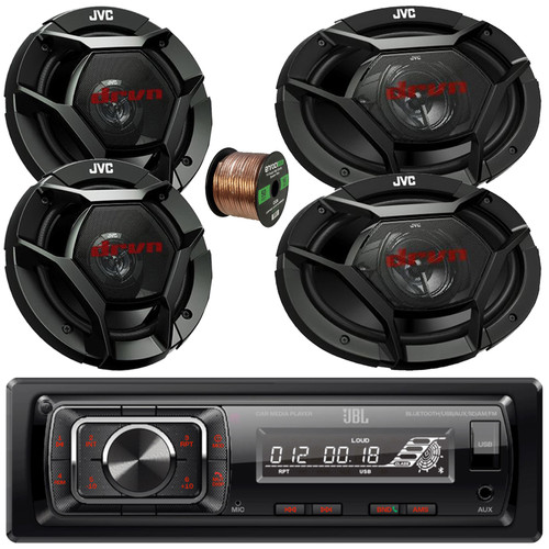 JBL Celebrity150 Single DIN Bluetooth USB/AUX SD Card FM Radio High Power Mechless Media Car Audio Receiver, 2x 6.5" 300W Max Power 2-Way Speakers, 2x 6x9" 500W Max Power 3-Way Speakers, Speaker Wire