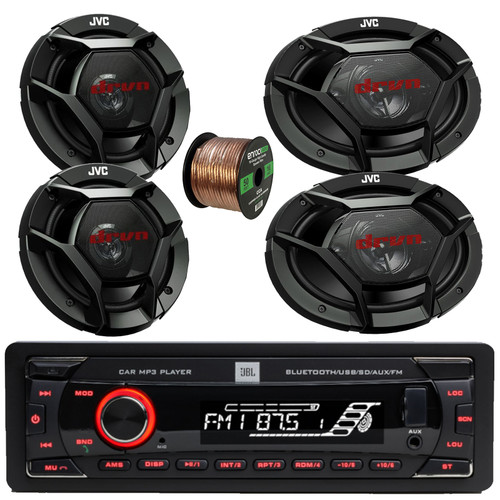JBL Celebrity100 Single DIN Bluetooth USB/AUX SD/MP3 FM Radio High Power Meshless Stereo Car Audio Receiver, 2x 6x9" 500W Max 3-Way Speakers, 2x 6.5" 300W Max 2-Way Speakers, 50 Feet 16G Speaker Wire