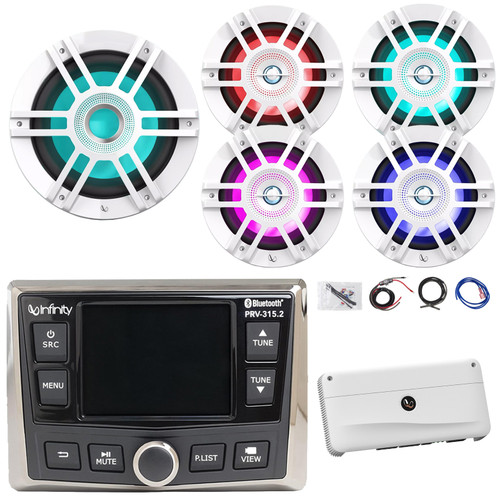 Infinity PRV-315.2 Marine Gauge Hole Mount USB/AM/FM/WB Bluetooth Receiver, 4x 6.5" 300W Max Power 2-Way Coaxial White Boat RGB LED Speakers, 10" RGB LED Subwoofer, 5 Channel Amplifier W/Kit