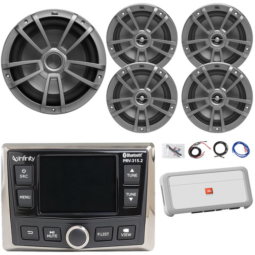 Infinity PRV-315.2 Marine Gauge Hole Mount USB/AM/FM/WB Bluetooth Receiver, 4x JBL 6.5" 180W Peak Power 2-Way Multi-Element Gray Boat Speakers, 10" 600W Max Subwoofer, 5 Channel Amplifier W/Kit