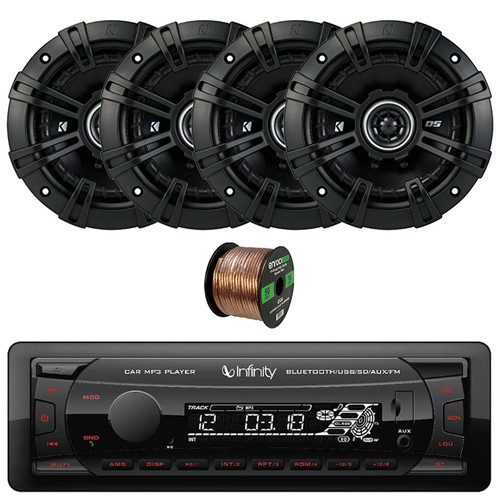 Infinity Alpha 100 Single DIN Bluetooth USB/AUX SD FM Radio MP3 Player Receiver, Kicker 43DSC504 5.25" 200 Watt Max Power 2-Way Car Speakers (QTY 4) with 16 Gauge 50ft Wire