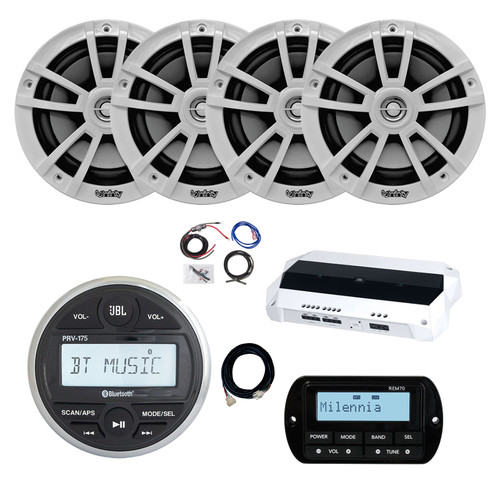 JBL PRV-175 Marine Gauge Hole Mount USB Bluetooth AM/FM Digital Stereo Receiver, Remote, Extension Cable, Amplifier, Kit, 4x 6.5" 225 Watt Max 2-Way High-Performance Boat Audio Speakers (White)