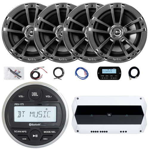 JBL PRV-175 Marine Gauge Hole Mount USB Bluetooth AM/FM Receiver, Wired Remote, 20-foot Extension Cable, 4x 6.5" 225W Max High-Performance Chrome Speakers, 4-Channel 1000W Amplifier, Kit