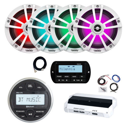 JBL PRV-175 Marine Gauge Hole Mount Bluetooth AM/FM Receiver, Wired Remote, Extension, 4-Channel Amplifier, Install Kit, 4x 6.5" 225W Max Multicolor LED Boat Speakers (White, Bulk Packaging)