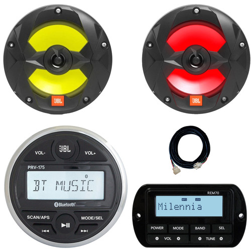 JBL PRV-175 Marine Gauge Hole Mount USB Bluetooth AM/FM Digital Stereo Receiver, Wired Remote, 20-Foot Extension Cable, 2x 6.5" 225 Watt Peak Power 2-Way Multi-Element RGB LED Boat Black Speakers