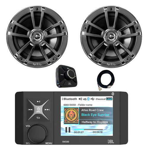JBL R4500 Wake Series 4" Color LCD Display Marine Bluetooth USB/AUX WB AM/FM Radio Stereo Receiver, Wired Remote, 20 Foot Extension Cable, 2x 6.5" 225W Max Power High-Performance 2-Way Chrome Speakers